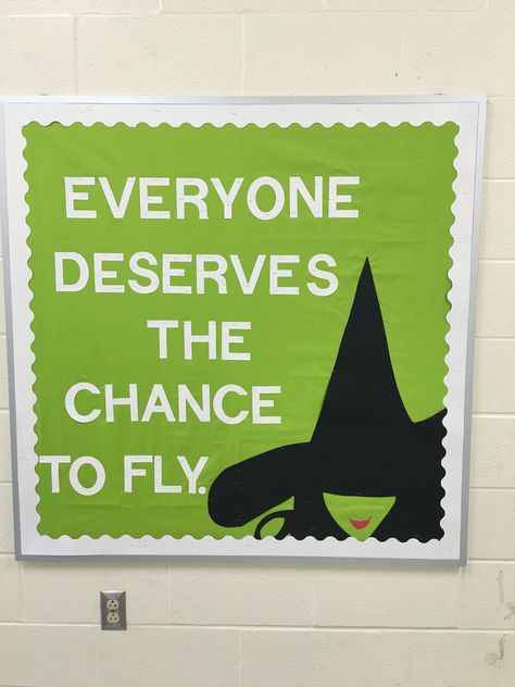 Performing Arts Bulletin Board, Witch Bulletin Board Ideas, Wicked Door Decorations, Wicked Bulletin Board, Theatre Bulletin Board Ideas, Broadway Bulletin Board, Beetlejuice Bulletin Board, Wizard Of Oz Bulletin Board Ideas, Wicked Decorations