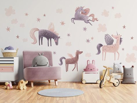 PEGASUS Unicorns Wall Decal / Girls Nursery / Peel and Stick / Girl's Room Decoration / Nursery Decal / Sticker for a Girl - Etsy Watercolor Kids Room, Unicorn Wall Decal, Girls Wall Stickers, Unicorn Nursery, Unicorn Wall, Colorful Clouds, Unicorn Decorations, Nursery Decals, Girls Nursery