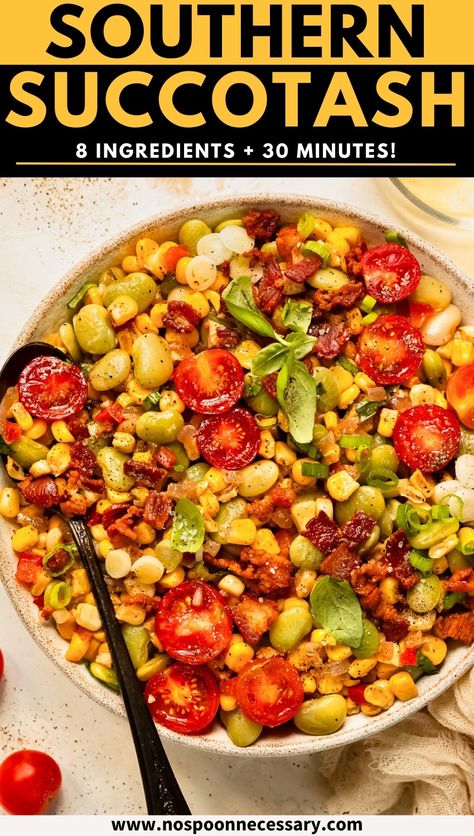 Vibrant and bursting with bright, fresh flavors, this Southern Succotash recipe features buttery corn, tender lima beans, sweet peppers, juicy tomatoes, and crispy bacon. Made with 8 simple ingredients in 30 minutes or less, this sweet corn and lima beans side dish is the ideal crowd pleasing spring and summer side dish.