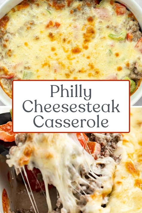 This Philly cheesesteak casserole is super easy, extra cheesy, and delicious! Savory ground beef, sweet bell peppers, and tangy cream cheese create the base for this simple recipe. This Philly cheesesteak casserole is topped with a layer of provolone cheese, then baked to melty, cheesy perfection! Philly Cheese Steak Casserole Recipe, Philly Cheesesteak Casserole, Cheesesteak Casserole, Steak Casserole, Philly Cheese Steak Casserole, Yummy Casserole Recipes, Cheesy Casserole, Beef Casserole Recipes, Philly Cheesesteak