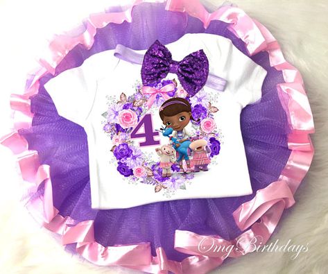 Doc McStuffins Purple Pink 4th Fourth Birthday Shirt Tutu Tee Sequins Bow Headband Set Baby Girl Outfit Set Party Custom Cake Smash Tutu Shirt, Third Birthday Shirt, Purple Headbands, Birthday Tutu Outfit, Headband Outfit, First Birthday Shirts, Baby Girl Outfit, Fourth Birthday, Doc Mcstuffins