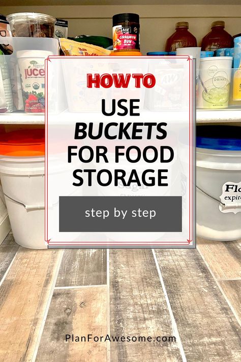 Ready to take control of your food storage? Bucketing is a great way to tackle items you want to store in bulk - for long term and every day use! Learn how to re-package dry foods, the best place to get buckets and when you might want to choose a different storage option. Learn all about it by reading the post! Bulk Food Storage Ideas, Flour Storage Containers, Food Storage Rooms, Oxygen Absorbers, Old Bucket, Bucket Ideas, Thrive Life, Printable Checklist, Emergency Supplies