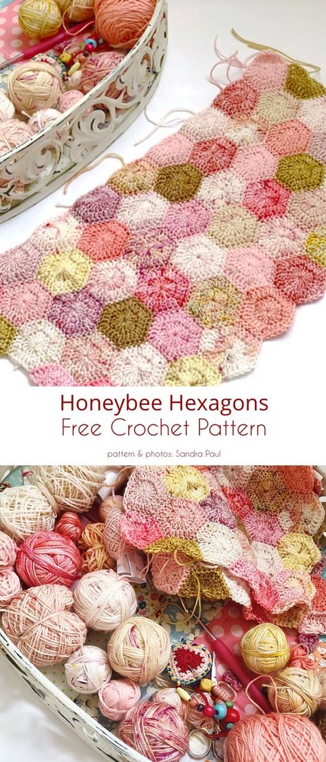 Honeybee Hexagon Crochet, Crochet Bag Hexagon, Scrap Yarn Crochet Projects Granny Squares, Crochet Scrap Blankets Free Patterns, Free Hexagon Crochet Patterns, Baby Blanket Pattern Crochet, Scrap Yarn Granny Square, Crochet Blanket Hexagon, Quick Crochet Blanket Pattern Free