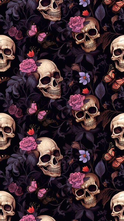 Skulls And Flowers, Armband Tattoos, Goth Wallpaper, Gothic Wallpaper, Witchy Wallpaper, Skull Artwork, Skeleton Art, Halloween Wallpaper Iphone, Iphone Wallpaper Themes