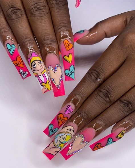 Character Nail Designs, Valentines Nail Ideas, Cartoon Nail Designs, Nails Charms, Character Nails, Hand Painted Nails, Artistic Nails, Valentines Nail, Cartoon Nails