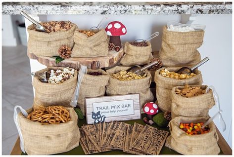 Woodland Candy Table, Forest Party Desserts, Woodland Trail Mix Bar, Woodland Animal Party Food, Trail Mix Bar Make Your Own, Trail Mix Bar Ideas, Wild One Birthday Food, First Birthday Woodland Theme, Woodland Theme Food Ideas