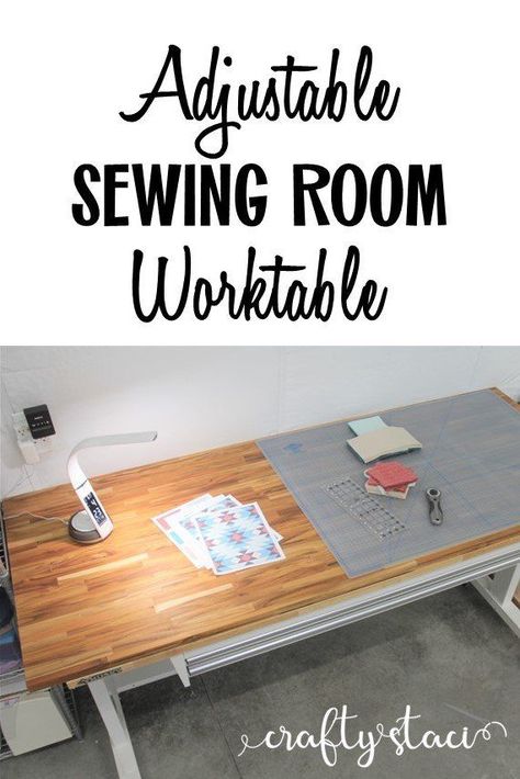 Adjustable Sewing Worktable — Crafty Staci Sewing Desk Ideas, Sewing Studio Organization, Crafty Staci, Sewing Tables, Diy Sewing Table, Sewing Desk, Dream Craft Room, Sewing Room Organization, Quilting Room