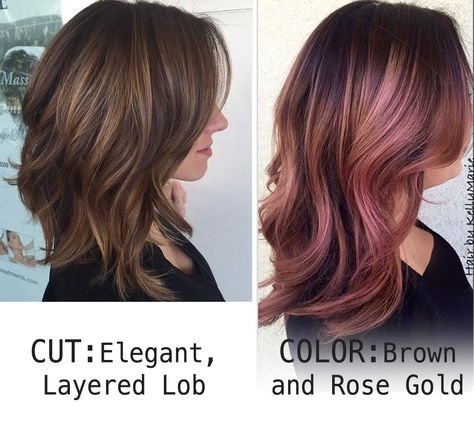 Rose Gold Dark Brown Hair, Brunette And Rose Gold Balayage, Rose Gold Color Melt, Rose Brown Ombre Hair, Brunette Hair With Rose Gold Peekaboo, Rose Gold And Brown Hair, Hair Color Rose Gold Brown, Rosebrown Haircolor, Gold Brunette Hair