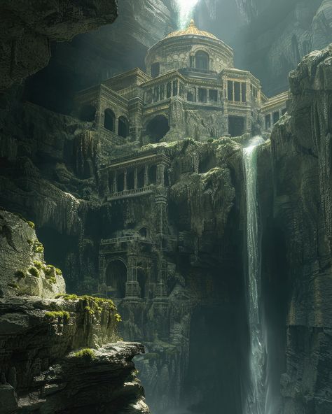 Underfalls Temple - hidden beneath a waterfall deep in the mountains. Yes, I’ve been playing Elden Ring DLC and trying to platinum the game recently. As you can see… - #photoshop #paintover #midjourney #mattepainting #digitalart #digitalpainting #visual #exploration #painting #conceptart #artdirection #illustration #environment #mood #architecture #ruins #rusted #forgotten #overgrown #waterfall #falls #underground #mountain #nature #crumbled #solitude #eldenring Underground Ruins Fantasy Art, Elden Ring Concept Art Environment, Elden Ring Architecture, Elden Ring Environment, Underground Ruins, Max Hay, Mountain Dwellings, Epic Architecture, Underground Temple