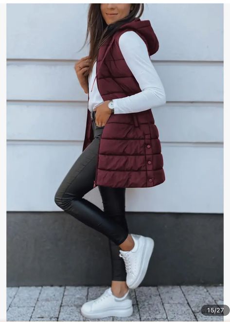 Maroon Vest Outfits For Women, Long Vest Outfits For Women Winter, Leggings And Puffer Vest Outfit, Long Vests For Women, How To Style Long Puffer Vest, Maroon Puffer Vest Outfit, Women Puffer Vest Outfits, Purple Puffer Vest Outfit, Maroon Vest Outfit