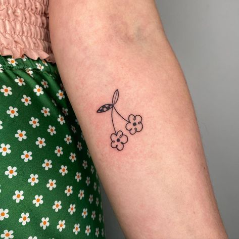 Daisy Flash Tattoo, Matching Cherry Tattoos, Cherry Tattoo Small Simple, Picnic Tattoo, Tattoo Designs Drawings, Pearl Tattoo, Cherry Tattoo, Indie Tattoo, Dainty Tattoo