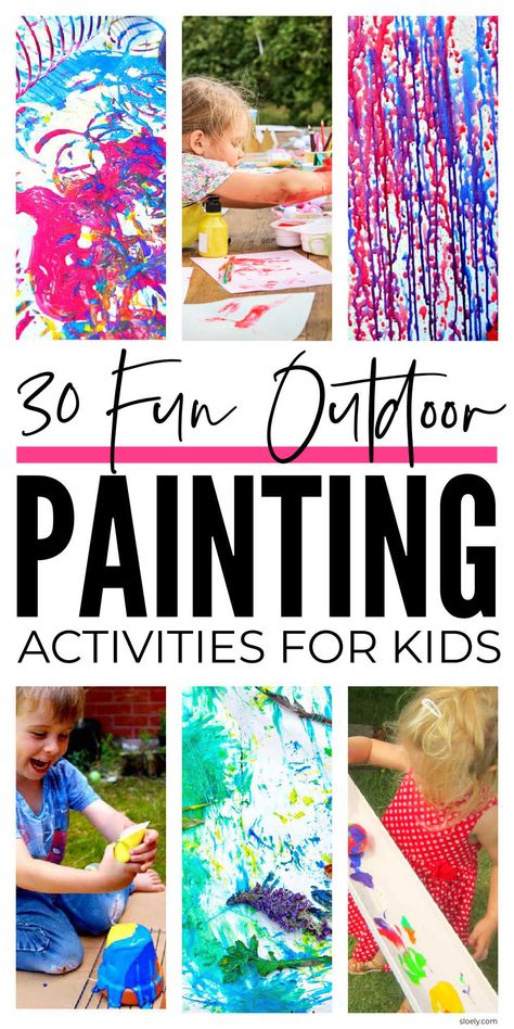 30 super fun outdoor painting activities for kids that let them get crafty and creative outside. Includes ideas for gross motor messy mark making & quiet time nature study. #paintingactivities #outdooractivities #summeractivities #kidsactivities Messy Kids Activities, Outdoor Painting Ideas, Landscape Art Projects, Car Painting Easy, Painting Activities For Toddlers, Spray Painting Ideas, Painting Activities For Kids, Outdoor Nature Activities, Fence Plant