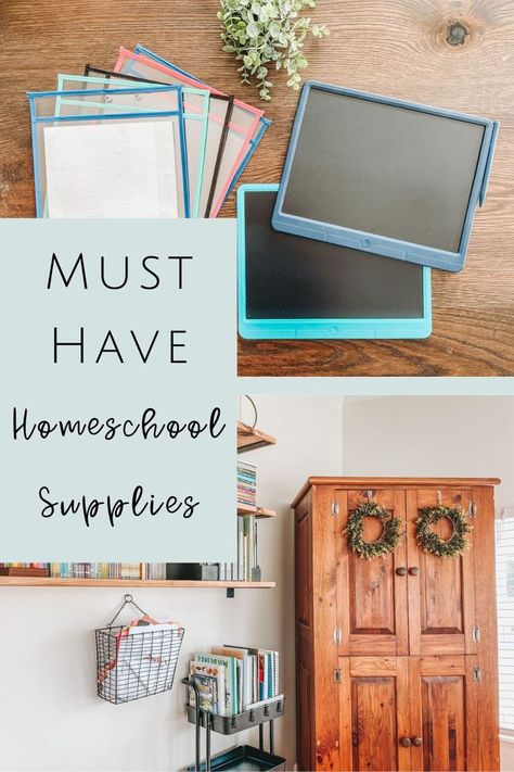 homeschool supply cabinet, bookshelves and rolling cart, and supplies laid out on a wood surface Organize Homeschool Supplies, Homeschool Room Decor, Homeschool High School Curriculum, Homeschool Room Organization, Preschool Supplies, Homeschool Hacks, Homeschool Supplies, Homeschool Decor, Homeschool Books