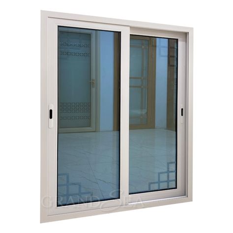 The white color window frame matched with blue reflective tinted glass, which brings a good mood for house environment. Aluminum Glass Window, Color Window Frame, Aluminum Windows Design Glass Doors, Pvc Windows Design, Glass Sliding Window, Glass Windows Modern, Tinted Glass Window, Window With Grill, Almunium Window Design