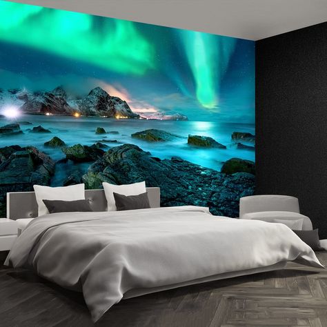 Photo Wall Design, Aurora Borealis Painting, Northern Lights Wallpaper, Male Bedroom Ideas, Movie Theater Rooms, Northern Lights Painting, Aurora Borealis Northern Lights, Wall Mural Wallpaper, Removable Wall Murals