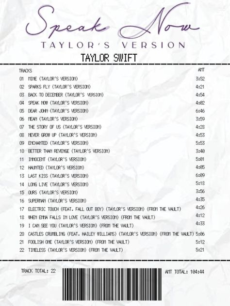 Speak Now Album Receipt, Speak Now Taylors Version Receipt, Speak Now Receipt, Gemma Core, Taylor Swift Speak Now Tour, Album Receipts, Paris Scrapbook, Uni House, Speak Now Tour