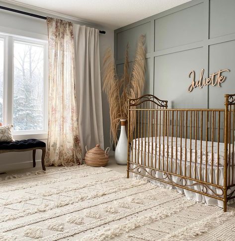 Green Nursery Gold Crib, Gold Crib Nursery Ideas, Vintage Gold Crib Nursery, Green Gold Nursery, Vintage Glam Nursery, Nursery With Gold Crib, Gold Crib Nursery Girl, Nursery Gold Crib, Green And Gold Nursery