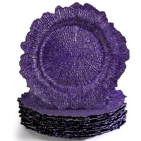 PRICES MAY VARY. Package includes 12 pack plastic charger plates, the outer ring measures 13" D and the inner ring 9" D. They're large enough to accommodate small to regular-sized plates and serving bowls. High quality plastic material that will never be discolored, commercial quality and made to last. Reef-like motif and a classic round shape, capture attention instantly, add touch of elegance and classy style to your dining tables in your home or in your event. These 13'' under dinner plates a Purple And Silver Table Decorations, Black And Purple Wedding Theme Wedding Table Decor, Wedding Theme Purple, Purple Wedding Reception, Wedding Table Layouts, Purple And Silver Wedding, Purple Stuff, Pink Plates, Purple Wedding Theme