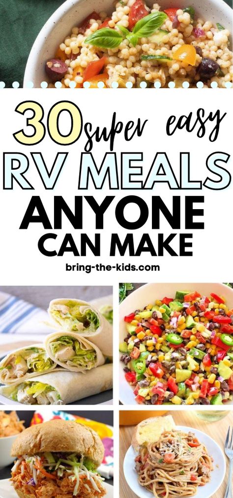 Travel Trailer Dinner Ideas, Easy Healthy Camper Meals, Easy Trailer Meals, Easy Glamping Food, Cooking In An Rv, Healthy Camper Meals, Camper Cooking Recipes, Camping Quick Meals, Rv Recipes Travel Trailers Food Ideas