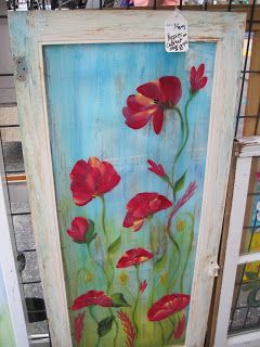 Poppies painted on old cabinet door      Old window art - sunset      Real Dragon Fly on Painted window!       Old Window Art - Hot Air Ba... Glass Cabinet Doors Repurposed, Old Window Art, Window Pane Art, Cabinet Doors Repurposed, Old Window Projects, Painted Windows, Old Cabinet Doors, Screen Window, Window Crafts