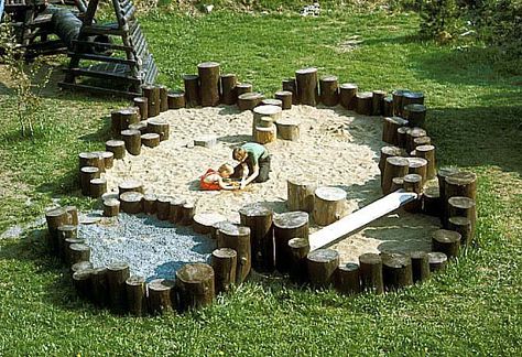 Sandbox Natural Play Spaces, Outdoor Play Spaces, Backyard Kids Play Area, Sand Pit, Outdoor Play Areas, Tree Stumps, Kids Outdoor Play, Sand Play, Natural Playground