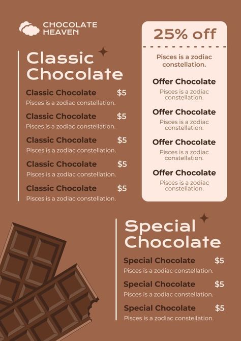 Hand-drawn Flat Chocolate Heaven Bakery Menu Chocolate Menu Design, Treat Menu Design, Brownie Menu Template, Chocolate Pamphlet Design, Online Bakery Menu Ideas, Home Bakery Menu Template, Chocolate Template, Price List Design, Chocolate Pack