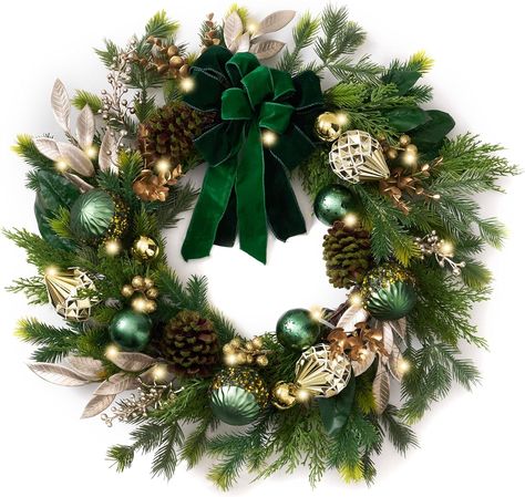 Christmas Wreath, 24 inch Christmas Wreaths Green And Gold, Christmas Reef, Artificial Reef, Pinecone Ornaments, Xmas Trees, Christmas Wreaths For Front Door, Winter Is Here, Outdoor Decorations, Wreaths For Front Door