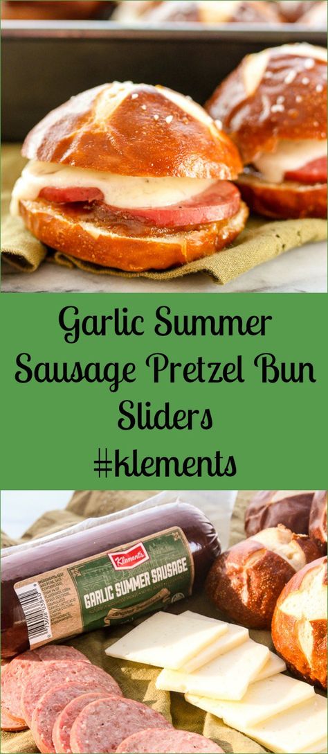 Garlic Summer Sausage Pretzel Bun Sliders #klements #linkup Summer Sausage Appetizers, Pretzel Bun Sliders, Sausage Appetizer Recipes, Small Sandwiches, Sausage Appetizers, Pretzel Bun, Summer Sausage, Recipes Sausage, Premium Meat