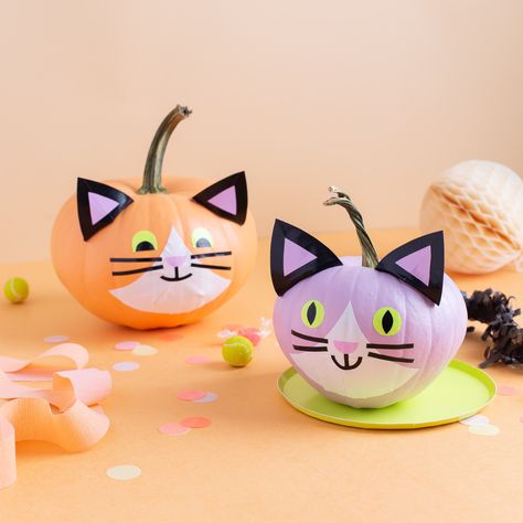 It’s pumpkin season! We are dressing up our pumpkins with @theduckbrand and adding little cat faces to them �– make them in pastel (our fave!) or go for a spookier look in traditional black. P.S. Use glow-in-the-dark or neon tape to make them really pop at night. Get all the details at duckbrand.com. #ducktape #ad Cat Pumpkin Painting, Cat Pumpkins, Neon Tape, Duck Crafts, Halloween Pumpkin Designs, Halloween Pumpkins Painted, Halloween Arts And Crafts, Painted Pumpkin, Cat Faces