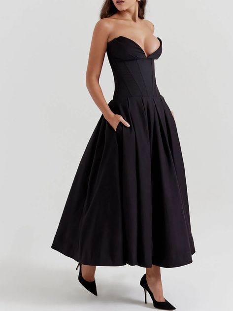 Black Strapless Midi Dress Black Strapless Midi Dress, Hak Tinggi, 파티 드레스, Spaghetti Strap Maxi Dress, Elegant Maxi Dress, Tube Top Dress, Strapless Corset, Strapless Midi Dress, Pleated Midi Dress