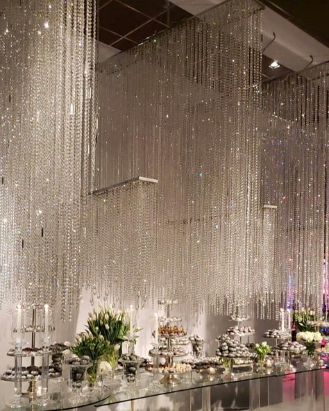 Crystal Hanging Decor Wedding, Ceiling Drape Wedding, Diamond Event Decor, Crystal Themed Wedding Decor, Crystal Chandelier Aesthetic, Crystal Wedding Decor, Dream Wedding Reception, Wedding Mirror, Dream Wedding Decorations