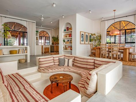 Step Inside an Oasis in Todos Santos, Mexico, Where Bold Colors and a Playful Spirit Rule the Day — Architectural Digest Sunken Conversation Pit, Conversation Pit, Colourful Home, Sunken Living Room, Real Star, Surf Shack, Built In Furniture, Curved Staircase, Main Bedroom