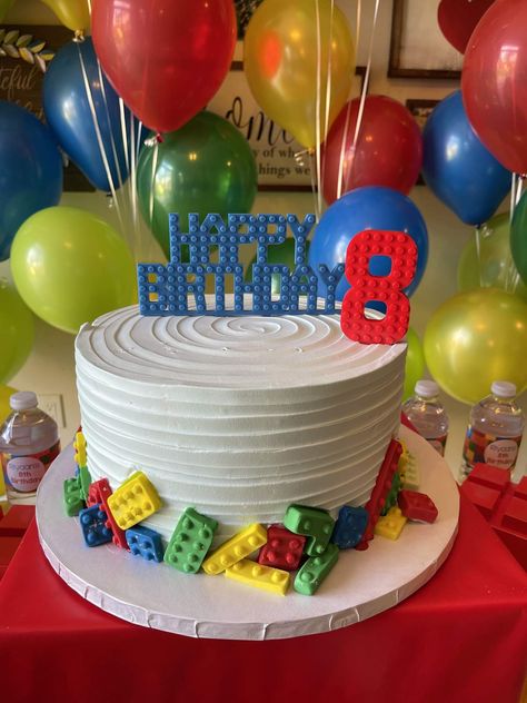 Legos Birthday Party Ideas | Photo 2 of 16 | Catch My Party Lego 8th Birthday Party, Lego Number Cake, Lego Themed Birthday Party Cake, Legos Birthday Cake, Lego Cake Ideas Boys, Lego Party Cake, Legos Birthday Party Ideas, Lego Cake Design, Lego Desserts