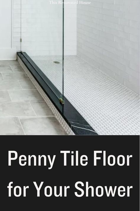 This pin is all about penny tile floor Penny Tile Shower Floor, Penny Tile Floor, Penny Tile Bathroom Floor, Tile Shower Floor, Penny Tiles Bathroom, Penny Tile Floors, Luxury Modern Bathroom, Tile Walk In Shower, Small Bathroom Interior