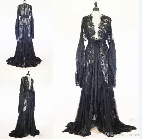 Goth Nightgown, Black Sheer Robe, Black Lace Robe, Black Lace Kimono, Wedding Sleepwear, Wedding Jackets, Winter Robes, Lace Sleepwear, Sheer Robe