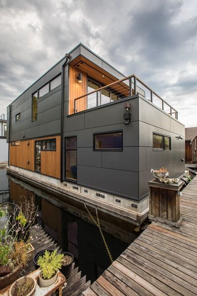 Houseboat Design Seattle, WA |Natural Modern Architecture Firm Houseboat Design Ideas, Floating House Design, Houseboat Design, Float House, Pontoon Houseboat, Floating Homes, Houseboat Living, House Boats, Architecture Panel