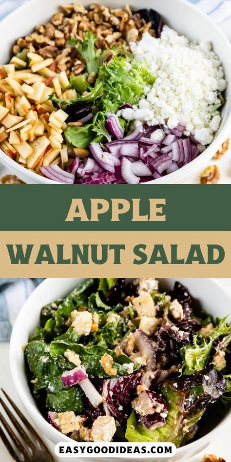 An Apple Walnut Salad is the perfect main dish or side dish - add chicken for a heartier easy meal! This is a Panera apple salad copycat with walnuts and it's such a great salad recipe. Apple And Walnut Salad, Walnut Apple Salad, Fall Apple Salad Recipe, Nut Salad Recipes, Walnut Salad Recipe, Soup And Salad Combo, Salad Copycat, Apple Salad Recipe, Great Salad Recipes