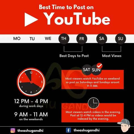 Best Time to Post on YOUTUBELike FB and InstagramYoutube also tends to boost up videos at particular timingsDuring weekdays12:00 PM4:00 PM has proven to be the best timingswhereas during weekends 9:00 AM11:00 AM are considered to be the best timings theashugandhi Times To Post On Youtube, Youtube Video Upload Time, Best Time To Upload Video On Youtube, Best Days To Post On Youtube, Youtube Posting Times, Best Time To Upload On Youtube, Best Times To Post On Youtube, Best Time To Post On Youtube, Fashion Podcast