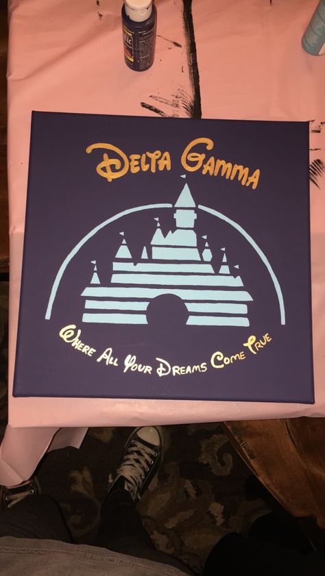 Disney Sorority Canvas, Disney Sorority, Delta Gamma Canvas, Delta Gamma Crafts, Delta Zeta Crafts, Disney Art Diy, Little Gifts Sorority, Big Little Canvas, Sorority Names