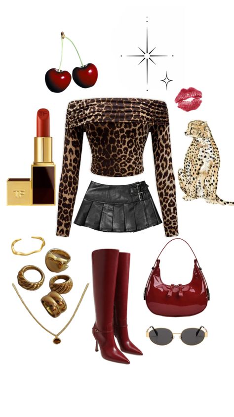 Red And Cheetah Outfit, Leopard And Red Outfit, Cheetah Print Outfits Black Women, Cheetah Outfit Ideas, Leopard Shirt Outfit, Cheetah Print Party, Cheetah Print Outfit, Cheetah Outfit, Printed Outfits