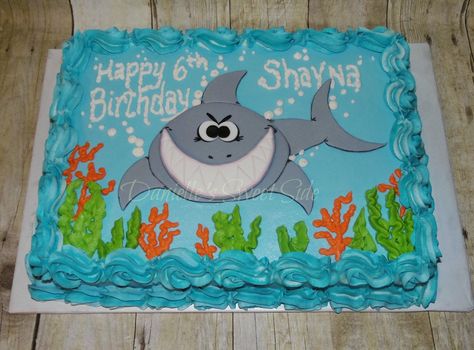 Shark Birthday Cake Sheet Cake  ~ Shark Week Under the Sea Ocean Sheet Cake Ideas, Shark Sheet Cake, Easy Shark Birthday Cake, Under The Sea Sheet Cake, Shark Birthday Sheet Cake, Finny The Shark Cake, Shark Party Decorations, Shark Birthday Cakes, Shark Themed Birthday Party