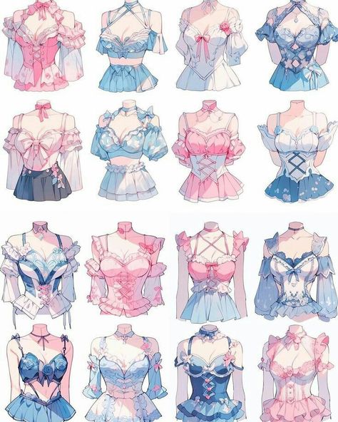 Kawaii Dresses Drawing, Clothes Digital Art, Pink Clothes, Dress Design Drawing, Clothing Design Sketches, Fashion Drawing Dresses, Drawing Anime Clothes, Anime Inspired Outfits, Dress Design Sketches