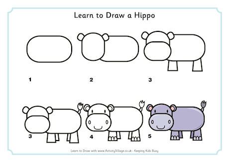 Learn to Draw a Hippo How To Draw Zoo Animals, How To Draw Safari Animals, Hippo Drawing, Simple Animals, Zoo Preschool, Simple Diys, Easy Animal Drawings, Animal Printables, Drawing Lessons For Kids