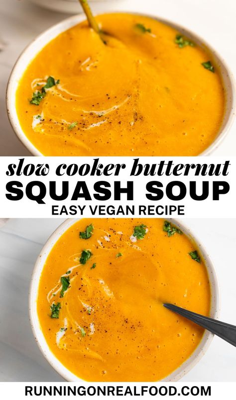 This vegan slow cooker butternut squash soup is easy to make with simple ingredients for a healthy, nourishing and delicious meal. This recipe is budget-friendly, freezes well and is great for meal prep. Serve on its own for a light meal or as a starter or side dish. Vegan Butternut Squash Soup Recipes, Butternut Squash Dinner, Paleo Soup Recipe, Sweet Potato Soup Vegan, Vegan Butternut Squash Soup, Healthy Butternut Squash, Vegan Butternut Squash, Easy Butternut Squash, Butternut Squash Recipes Soup