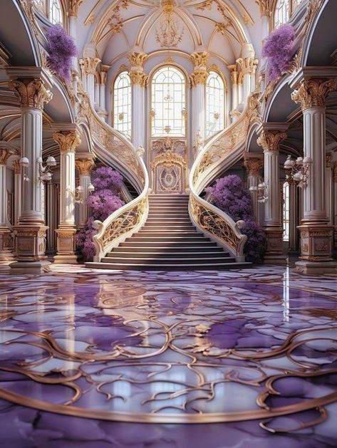 Purple Palace Aesthetic, Castle Stairs Grand Staircase, Royal Purple Aesthetic, Purple Princess Aesthetic, Houses Mansions, Royal Bedroom, Mansion Ideas, Board Manifestation, Luxury Houses Mansions