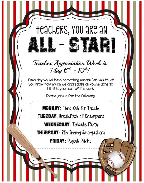 Sports Theme Teacher Appreciation, Sports Teacher Appreciation, Sports Teacher Appreciation Week, Teacher Appreciation Week Sports Theme, Teacher Appreciation Sports Theme, Baseball Teacher Appreciation Week, Baseball Theme Teacher Appreciation Week, Assistant Principal Week Ideas, Teacher Appreciation Week Ideas Pta