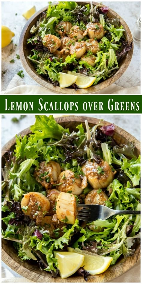 Lemon Scallops, Scallop Salad, Scallops Salad, Fresh Scallops, Greens Salad, Weeknight Recipes, Simple Salad, Scallop Recipes, Dinner Night