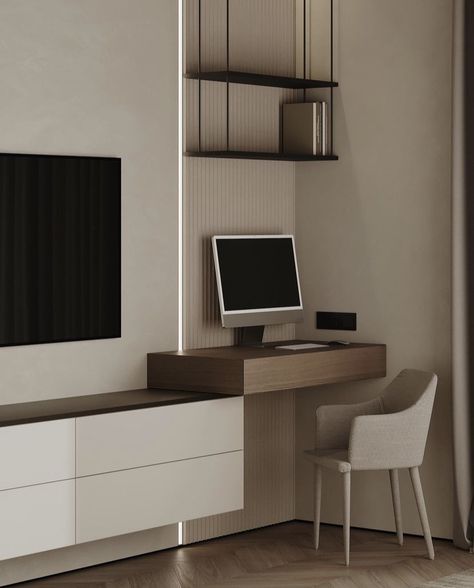 Tv Wall With Study Table, Desk And Tv Unit, Tv And Work Desk, Tv Unit With Desk, Tv Unit With Study Table, Bedroom Tv Unit Design, Tv Unit Bedroom, Monochromatic Interior, Study Table Designs