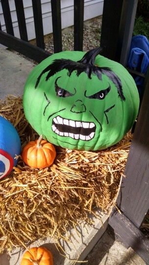 My hulk pumpkin! Avenger Pumpkin Painting, Marvel Painted Pumpkins, Hulk Crafts For Kids, Superhero Pumpkin Painting, Hulk Pumpkin Painting, Marvel Pumpkin Painting, Marvel Pumpkins, Hulk Pumpkin, Marvel Pumpkin