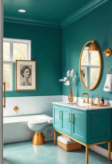 Make a bold statement with a teal-painted bathroom complemented by elegant gold accents. Add a trendy touch to your space! #BoldBathroom #TealAndGold #BathroomStyling Teal Tub Bathroom, Teal And Gold Bathroom, Teal Bathrooms, Teal Bathroom Paint, Teal And Grey Bathroom, Peacock Bathroom, Bathroom Paint Ideas, Popular Bathroom Colors, Bathroom Color Palette